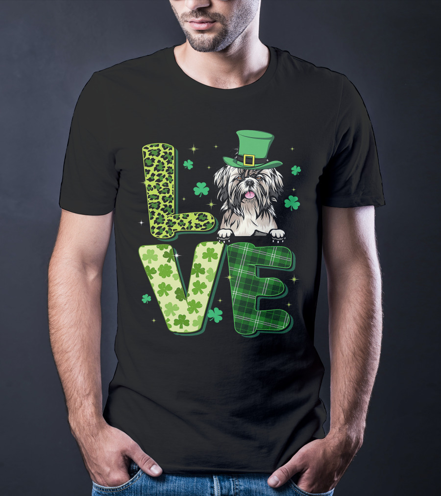 Love Shih Tzu Leopard Plaid Shamrock St Patrick's Day T-Shirt