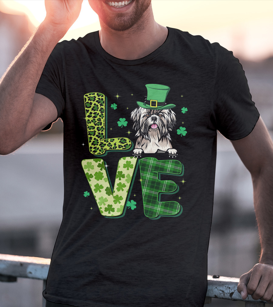 Love Shih Tzu Leopard Plaid Shamrock St Patrick's Day T-Shirt