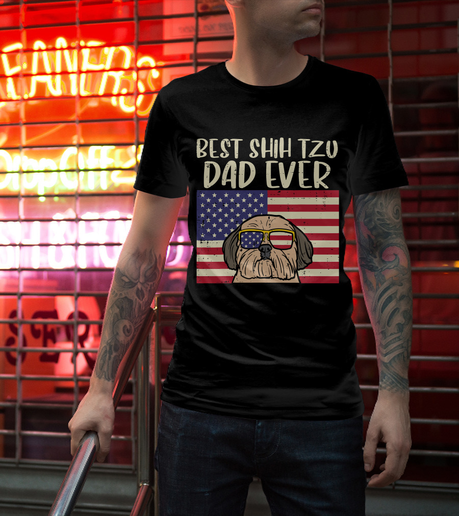 Best Shih Tzu Dad Ever US Flag Patriotic Dog Sunglasses T-Shirt