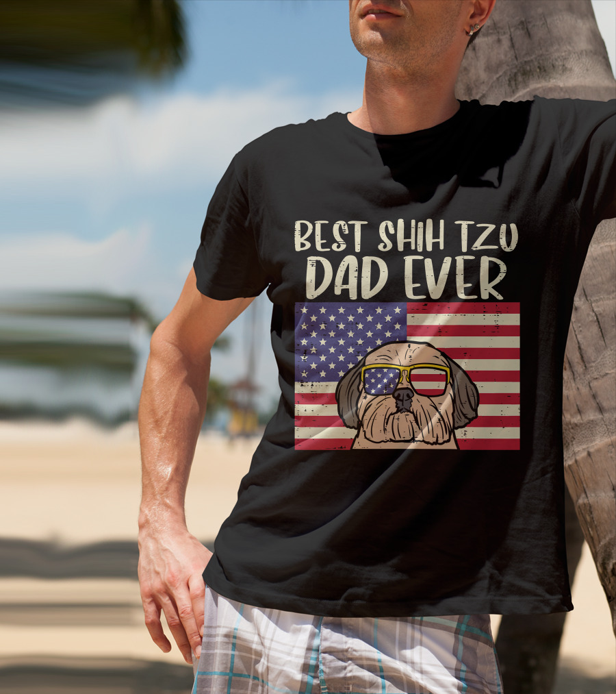 Best Shih Tzu Dad Ever US Flag Patriotic Dog Sunglasses T-Shirt
