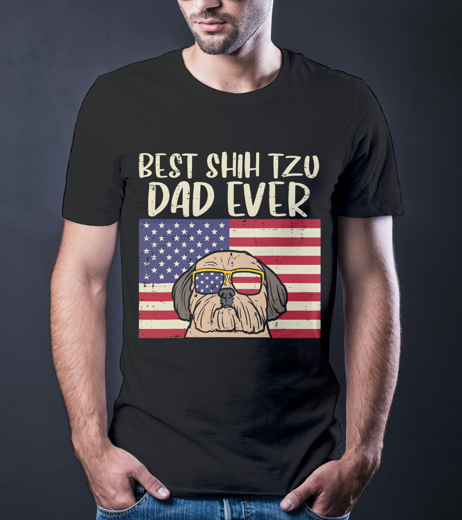 Best Shih Tzu Dad Ever US Flag Patriotic Dog Sunglasses T-Shirt