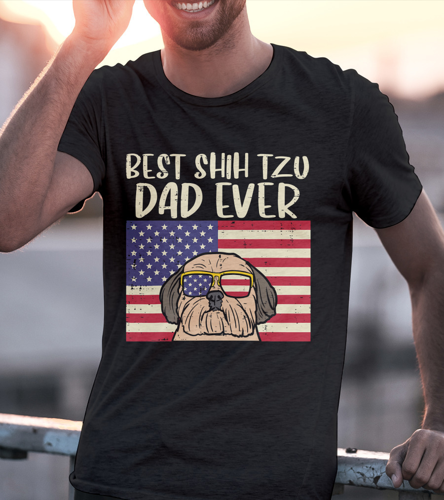 Best Shih Tzu Dad Ever US Flag Patriotic Dog Sunglasses T-Shirt