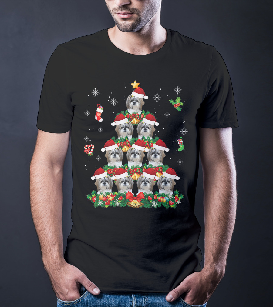 Merry Christmas Shih Tzu Santa Hat Dog Tree Pajama Swe T-Shirt
