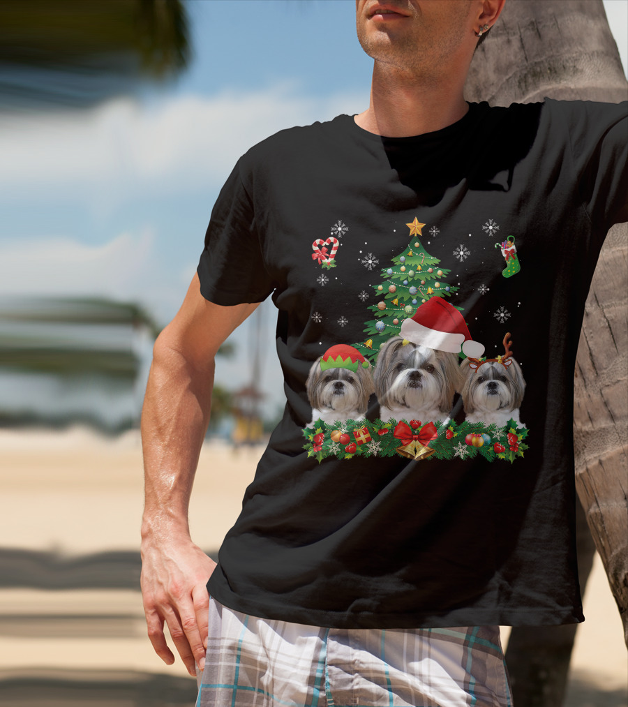 Merry Dogmas Shih Tzu Santa Elf Reindeer Christmas Tree T-Shirt