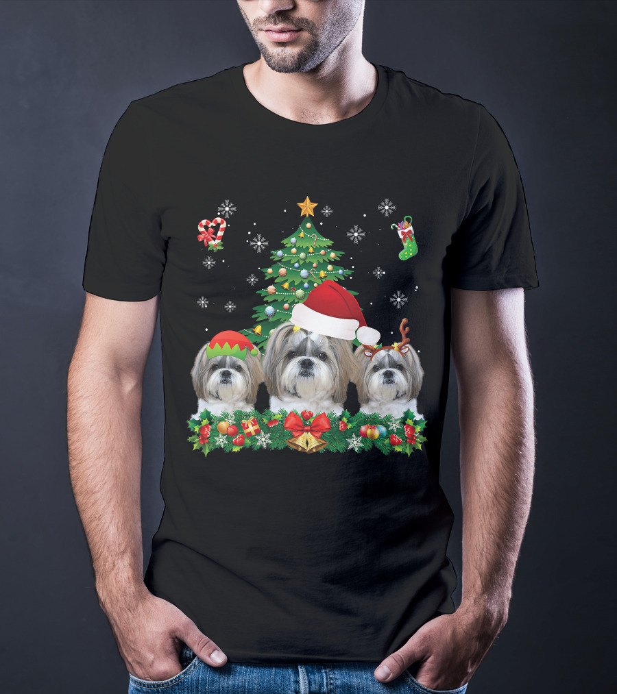 Merry Dogmas Shih Tzu Santa Elf Reindeer Christmas Tree T-Shirt
