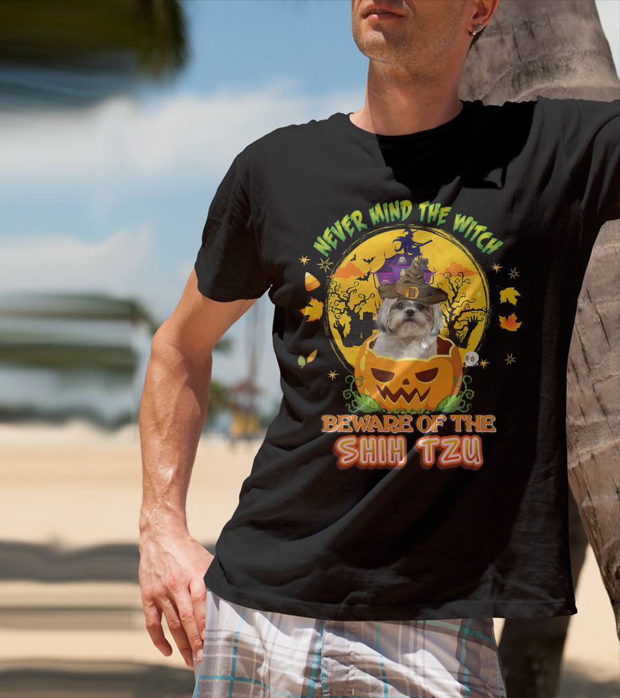 Never Mind The Witch Beware Of The Shih Tzu Halloween Pumpkin Dog With Witch Hat T-Shirt