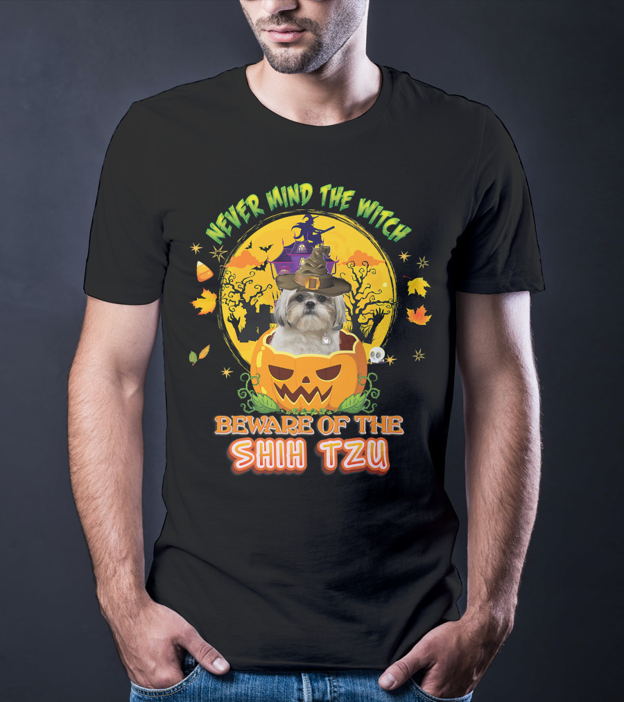 Never Mind The Witch Beware Of The Shih Tzu Halloween Pumpkin Dog With Witch Hat T-Shirt