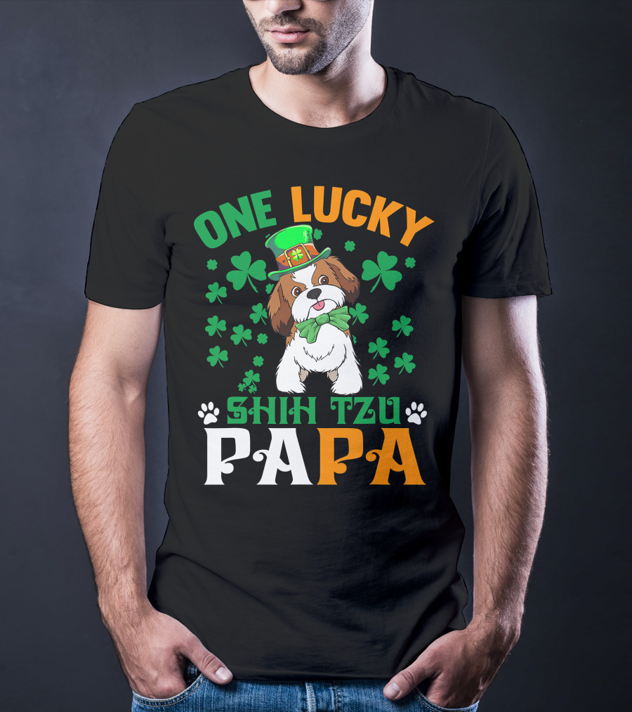 One Lucky Shih Tzu Papa St Patricks Day Dog Hat Clover T-Shirt
