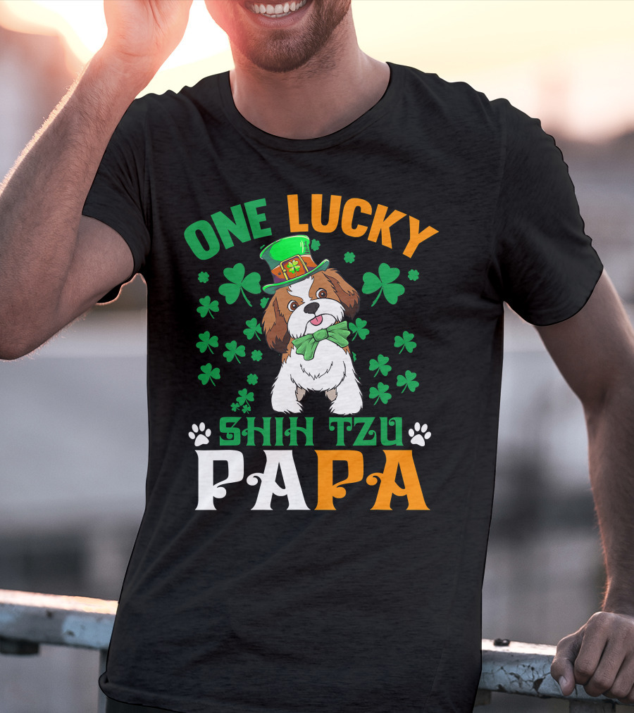 One Lucky Shih Tzu Papa St Patricks Day Dog Hat Clover T-Shirt