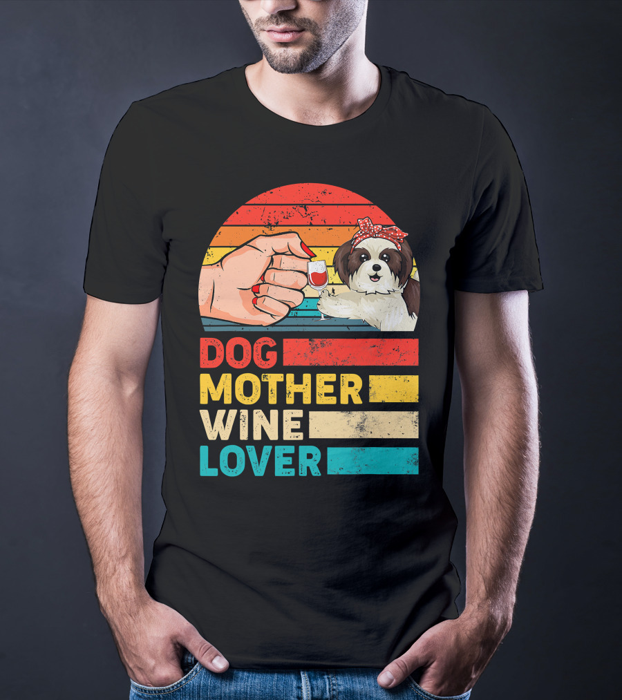 Dog Mother Wine Lover Shih Tzu Retro T-Shirt