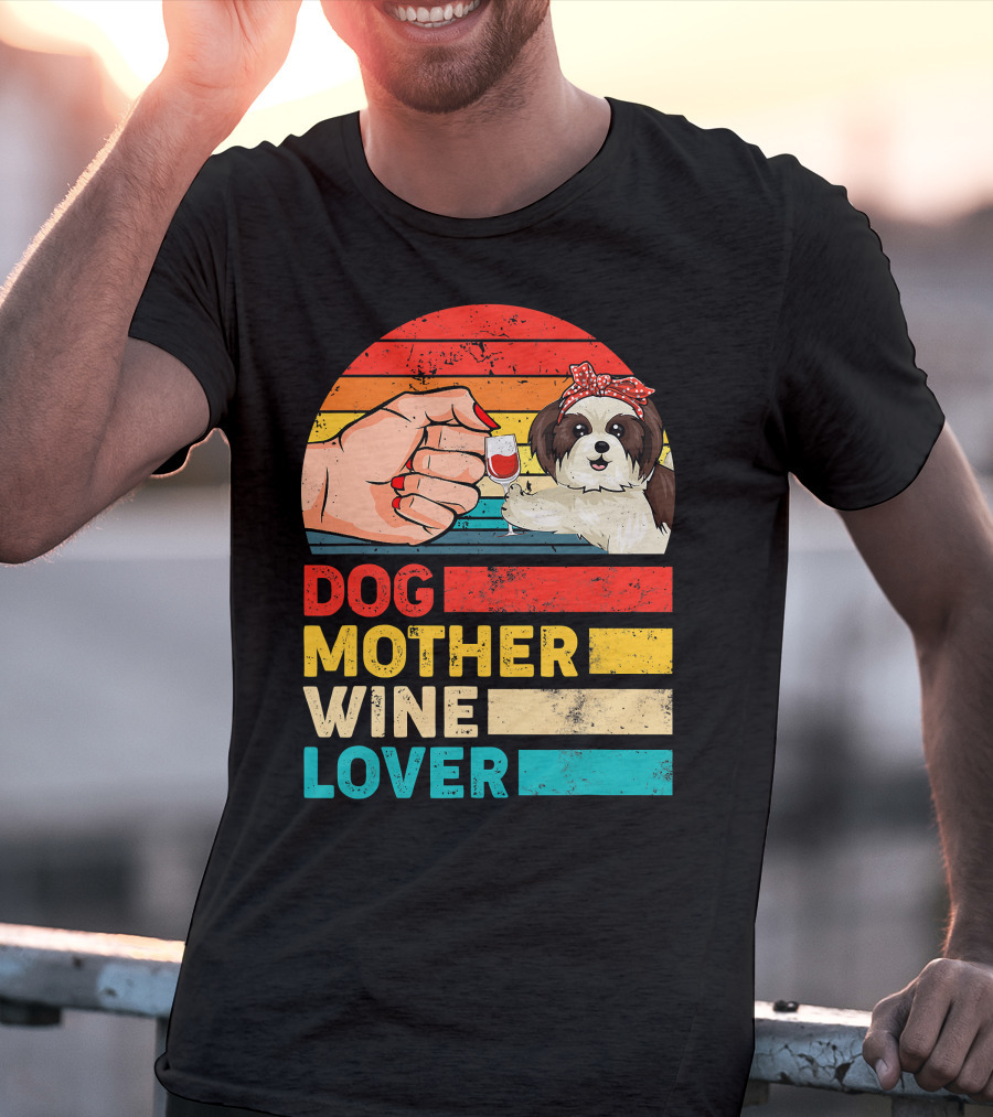 Dog Mother Wine Lover Shih Tzu Retro T-Shirt