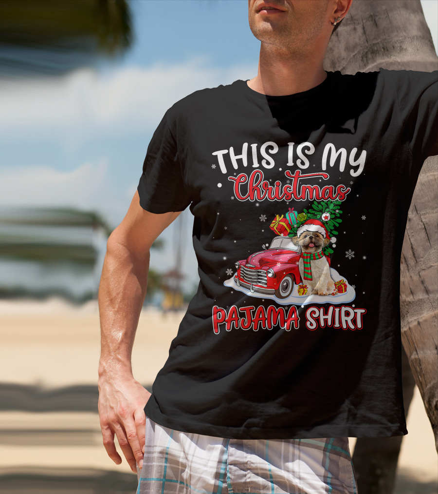 Retro Christmas Pajama Shih Tzu Santa Hat Presents Vintage Car T-Shirt