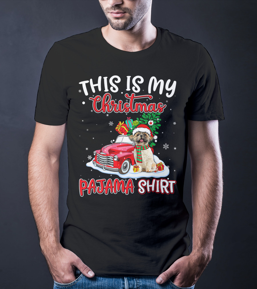 Retro Christmas Pajama Shih Tzu Santa Hat Presents Vintage Car T-Shirt