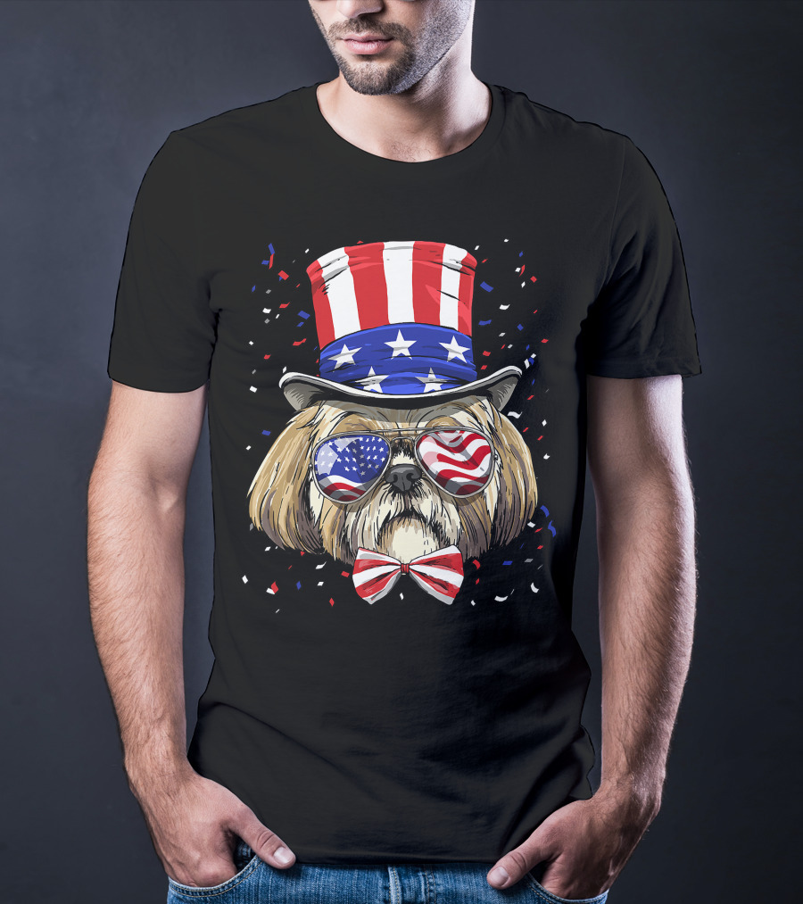 Shih Tzu Fourth Of July American Dog In USA Flag Hat And Glasses T-Shirt