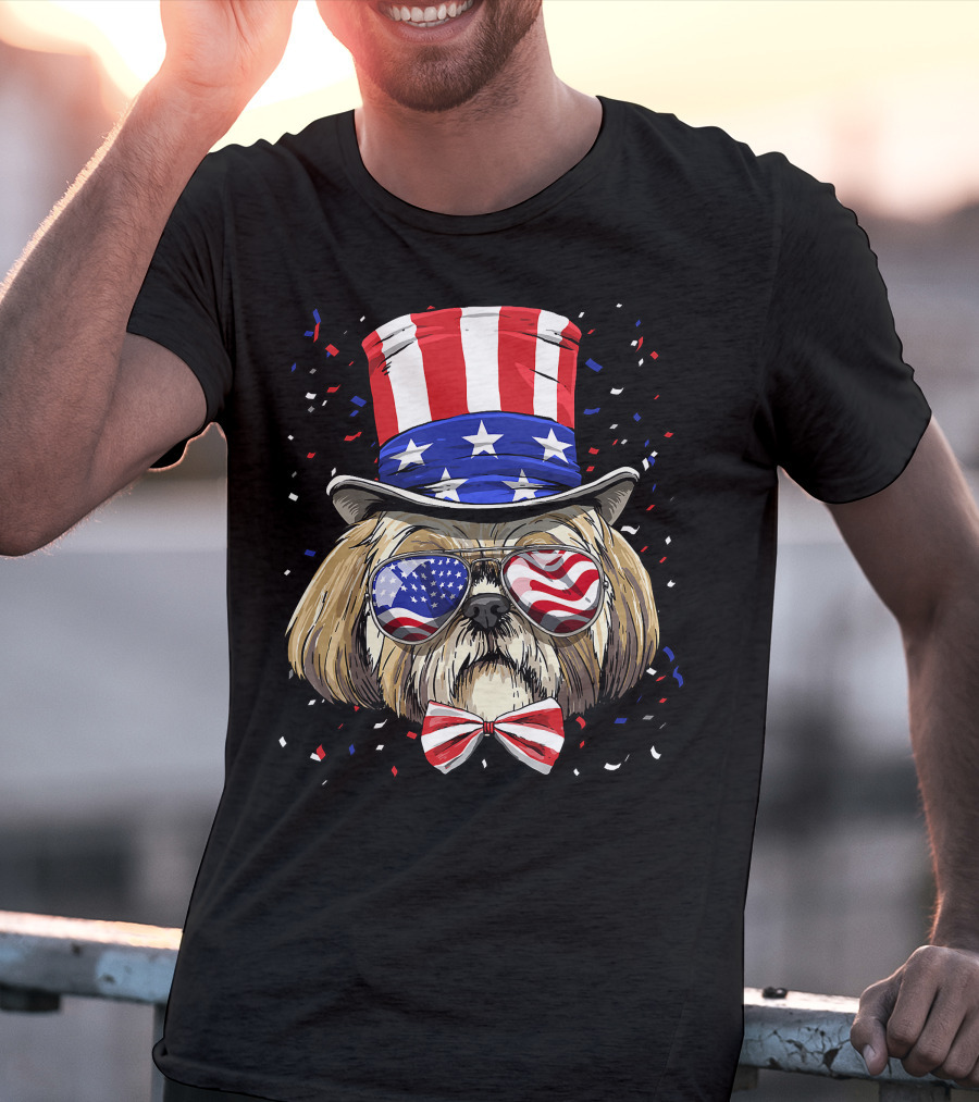 Shih Tzu Fourth Of July American Dog In USA Flag Hat And Glasses T-Shirt