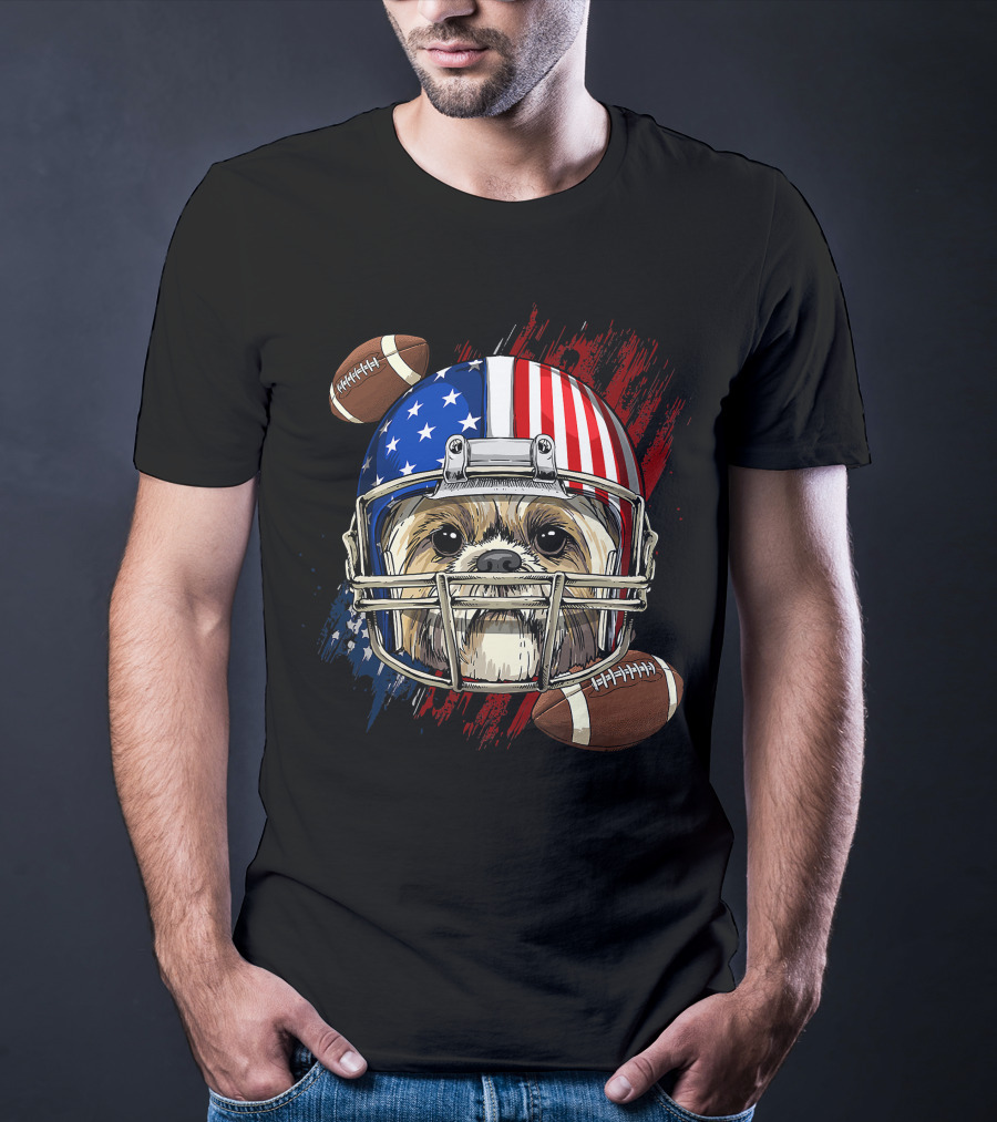 Shih Tzu In American Football Helmet With USA Flag And Footballs T-Shirt