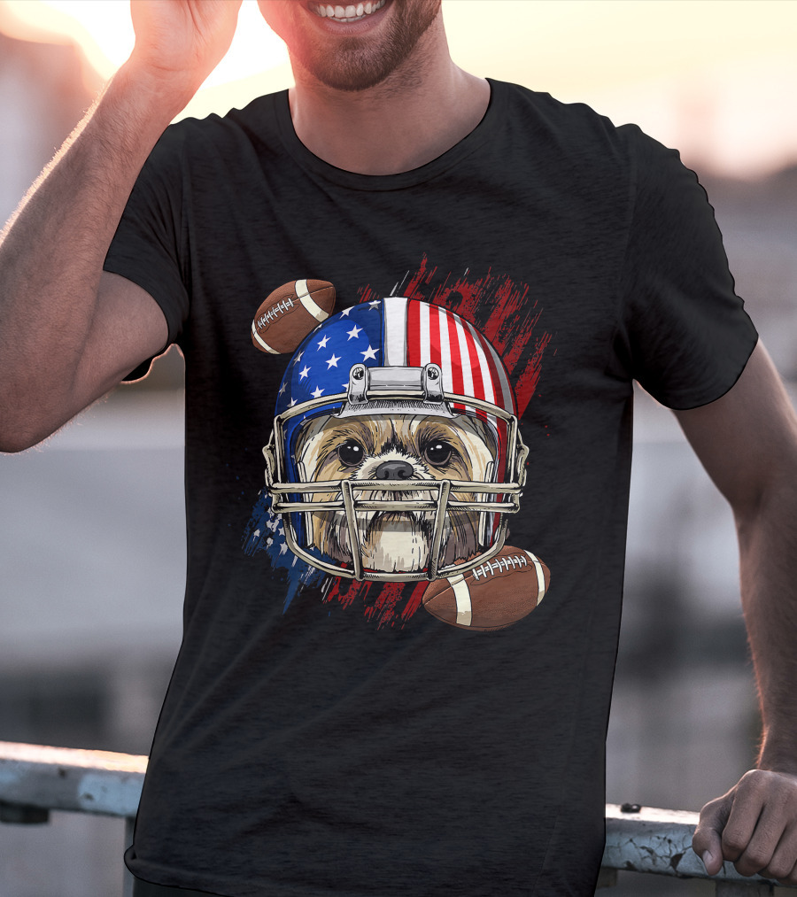Shih Tzu In American Football Helmet With USA Flag And Footballs T-Shirt