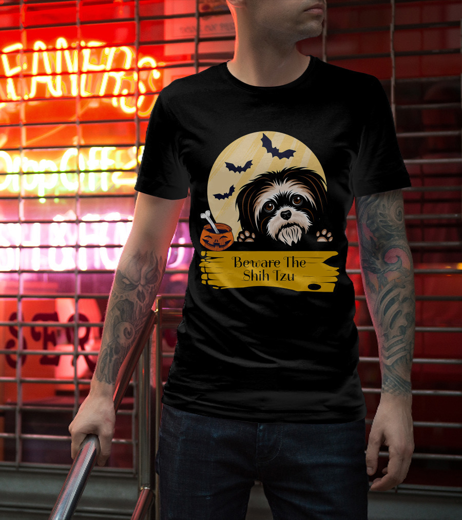 Beware The Shih Tzu Halloween Bats Moon Pumpkin T-Shirt