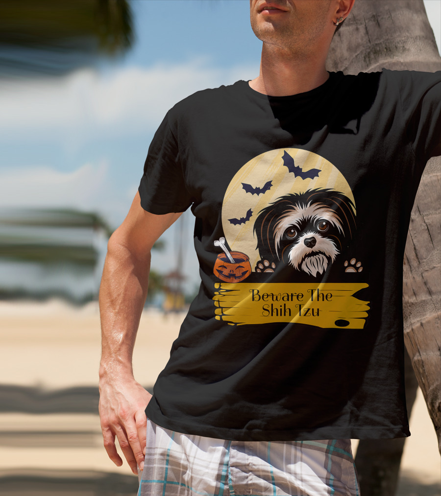 Beware The Shih Tzu Halloween Bats Moon Pumpkin T-Shirt