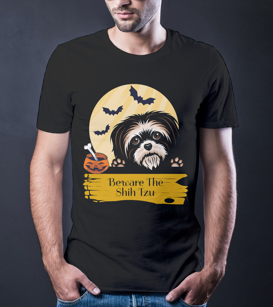 Beware The Shih Tzu Halloween Bats Moon Pumpkin T-Shirt