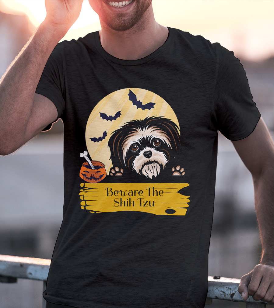Beware The Shih Tzu Halloween Bats Moon Pumpkin T-Shirt