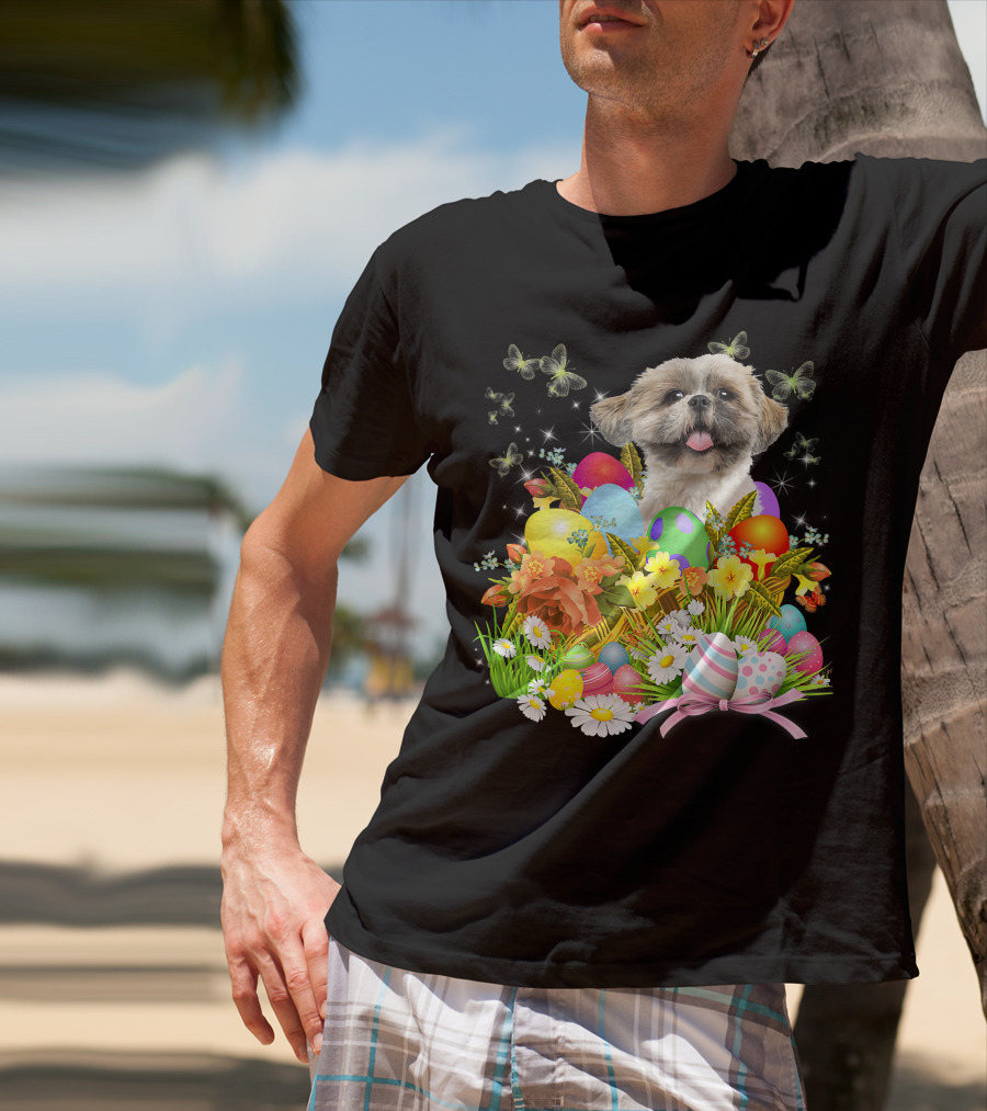 Shih Tzu Bunny Dog With Easter Eggs And Floral Basket T-Shirt