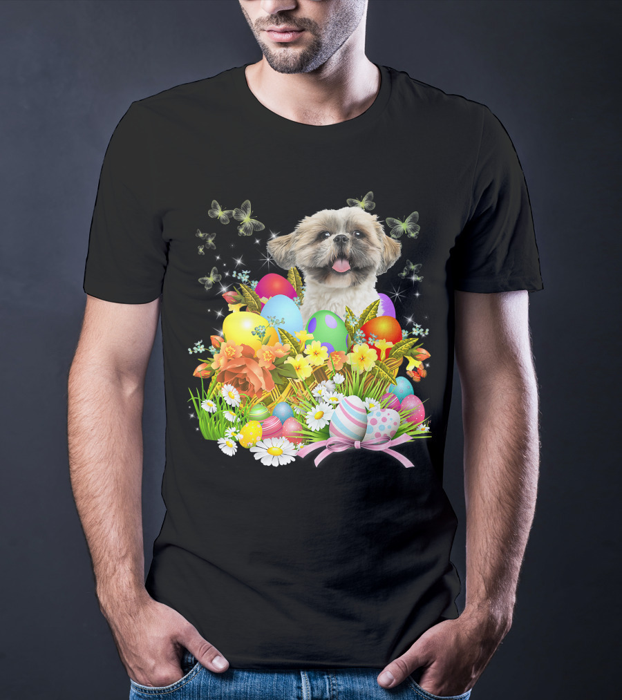 Shih Tzu Bunny Dog With Easter Eggs And Floral Basket T-Shirt