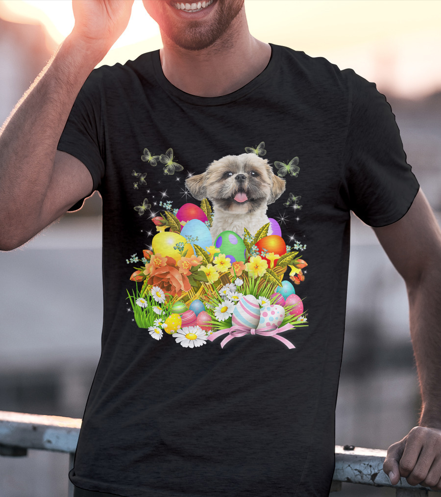 Shih Tzu Bunny Dog With Easter Eggs And Floral Basket T-Shirt