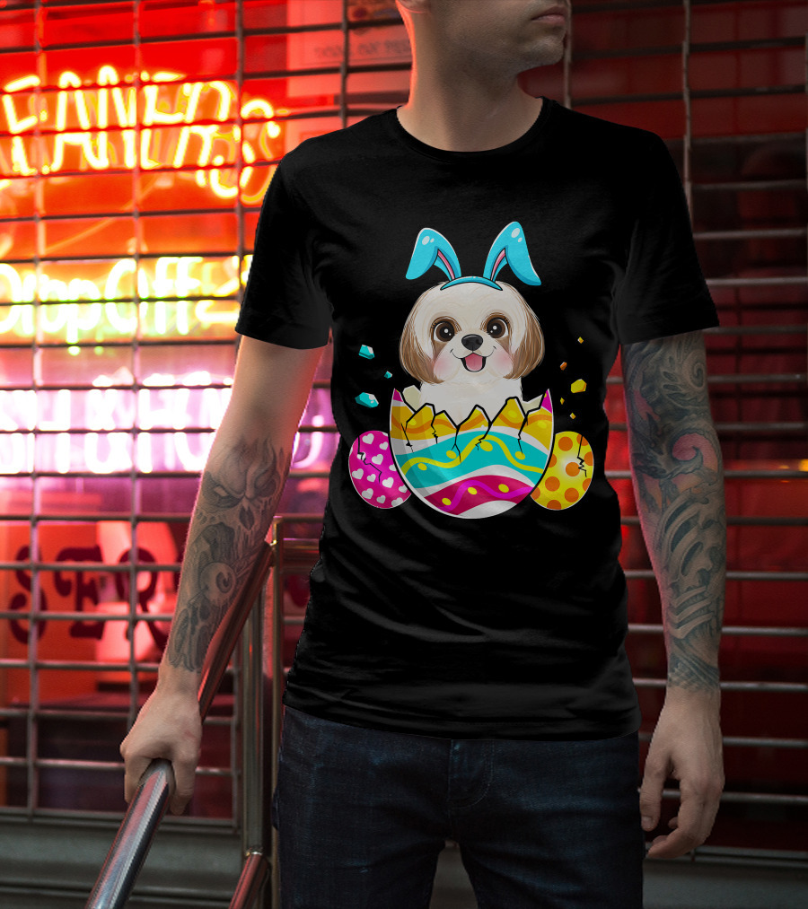 Shih Tzu Bunny Ears Easter Day Cute Dog Dad With Colorful Eggs T-Shirt