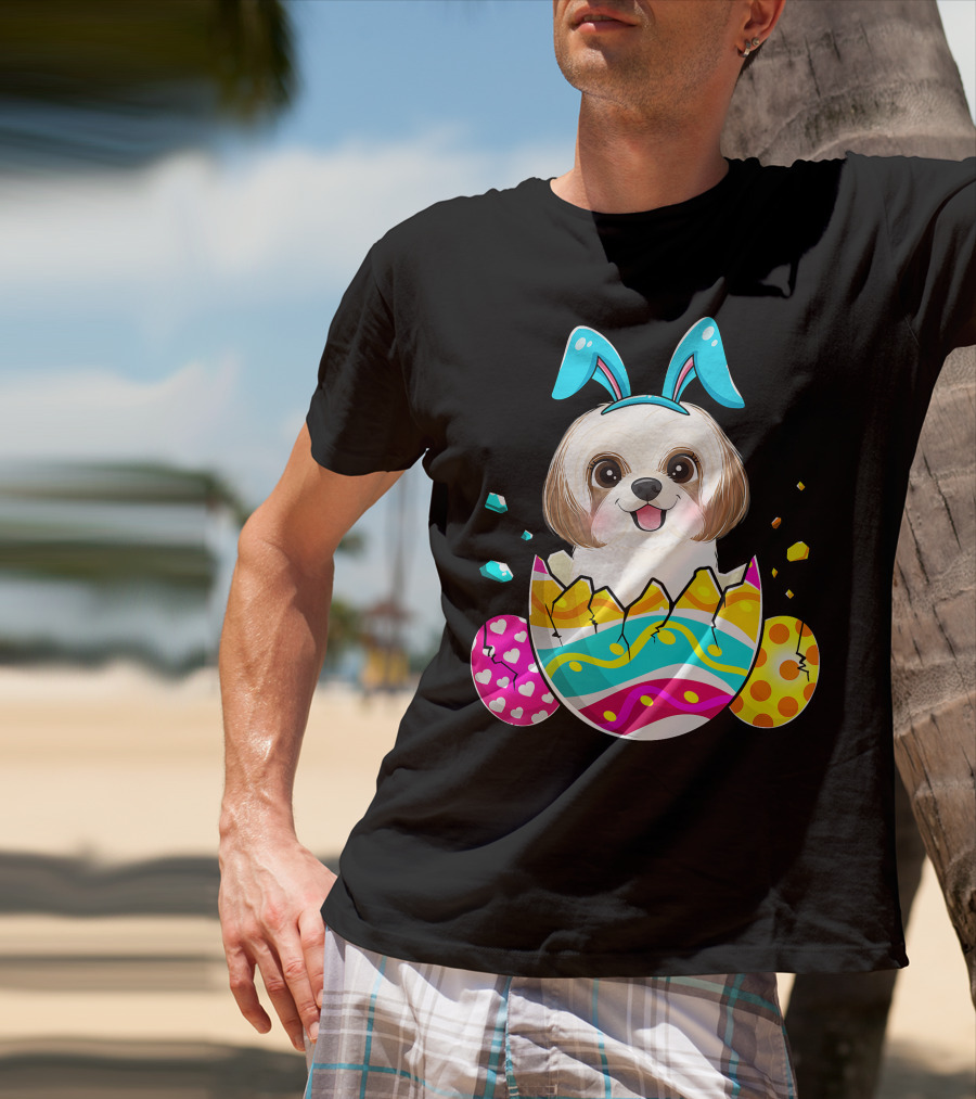 Shih Tzu Bunny Ears Easter Day Cute Dog Dad With Colorful Eggs T-Shirt
