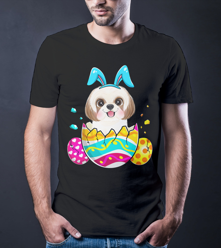 Shih Tzu Bunny Ears Easter Day Cute Dog Dad With Colorful Eggs T-Shirt