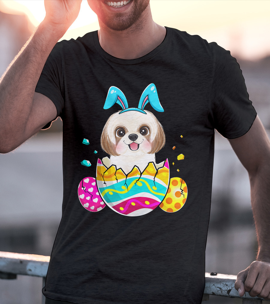 Shih Tzu Bunny Ears Easter Day Cute Dog Dad With Colorful Eggs T-Shirt