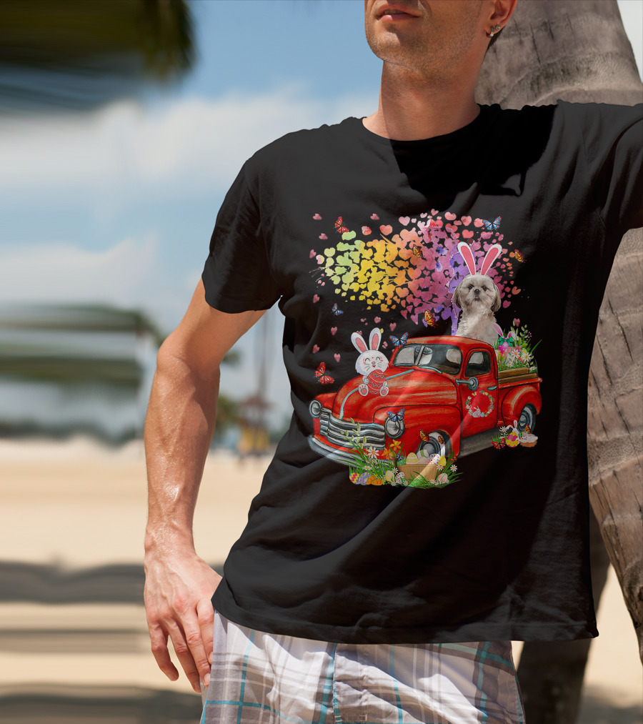 Shih Tzu Bunny On Red Truck With Easter Eggs And Rainbow Hearts T-Shirt