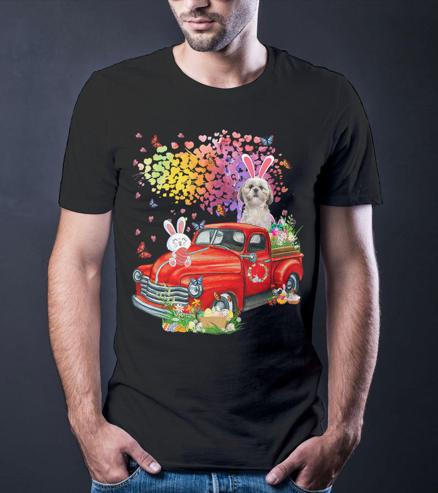 Shih Tzu Bunny On Red Truck With Easter Eggs And Rainbow Hearts T-Shirt