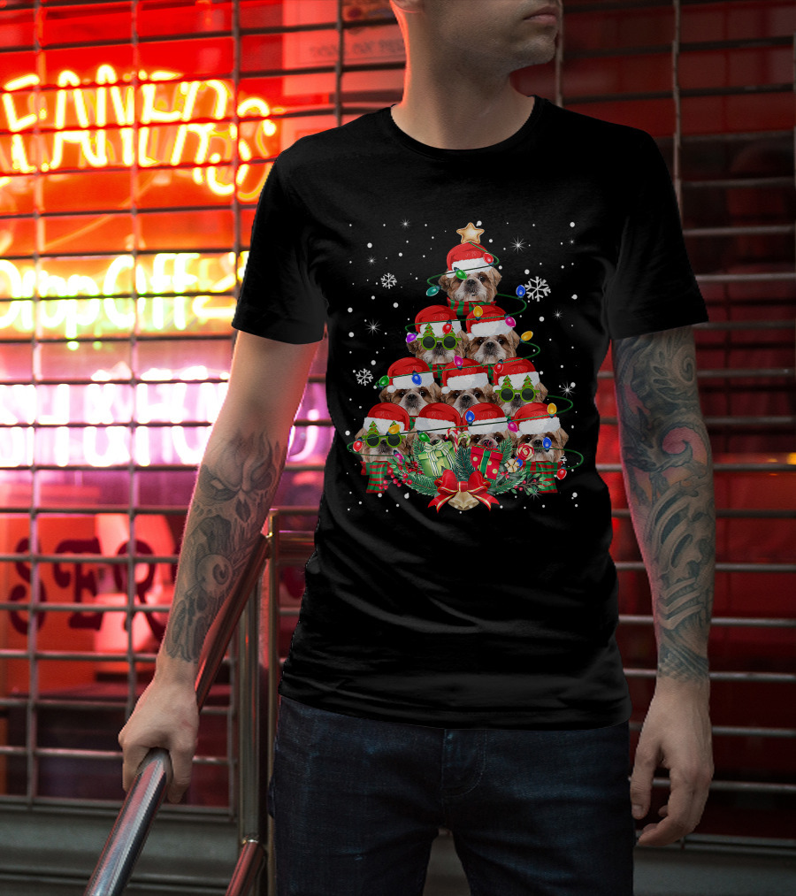 Shih Tzu Christmas Tree With Santa Hats And Lights Family Pajamas T-Shirt
