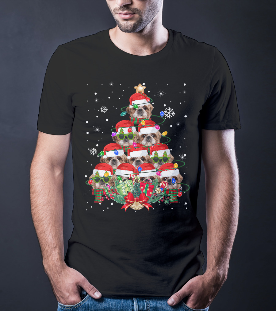 Shih Tzu Christmas Tree With Santa Hats And Lights Family Pajamas T-Shirt
