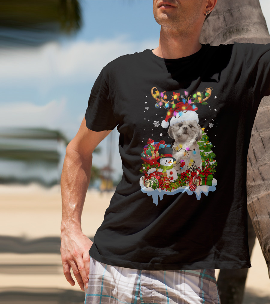 Shih Tzu Christmas Santa Hat Reindeer Antlers Lights Snowman Gifts Tree T-Shirt