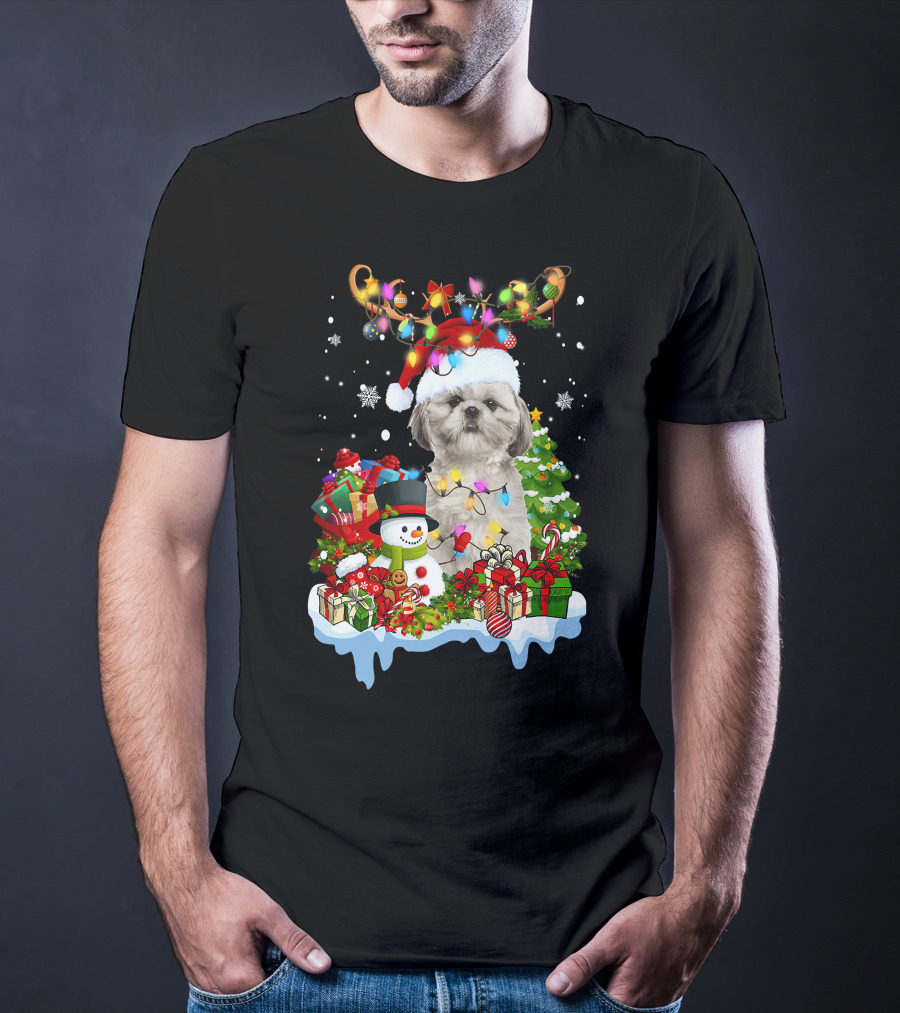 Shih Tzu Christmas Santa Hat Reindeer Antlers Lights Snowman Gifts Tree T-Shirt