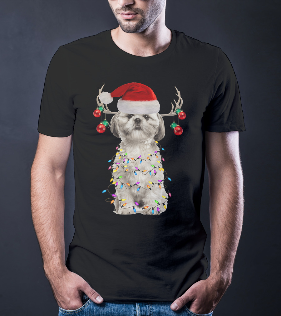 Shih Tzu Christmas Tree Santa Hat With Lights And Antlers T-Shirt
