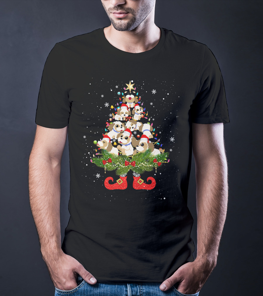 Shih Tzu Christmas Tree Lights Funny Santa Hat Dog Festive Holiday Puppies T-Shirt