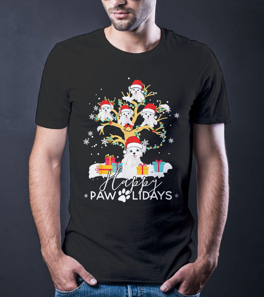 Shih Tzu Christmas Tree Santa Hat Lights Presents Happy Paw Holidays T-Shirt