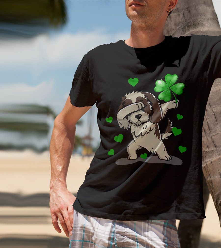 Shih Tzu Dabbing With Green Shamrock And Hearts T-Shirt