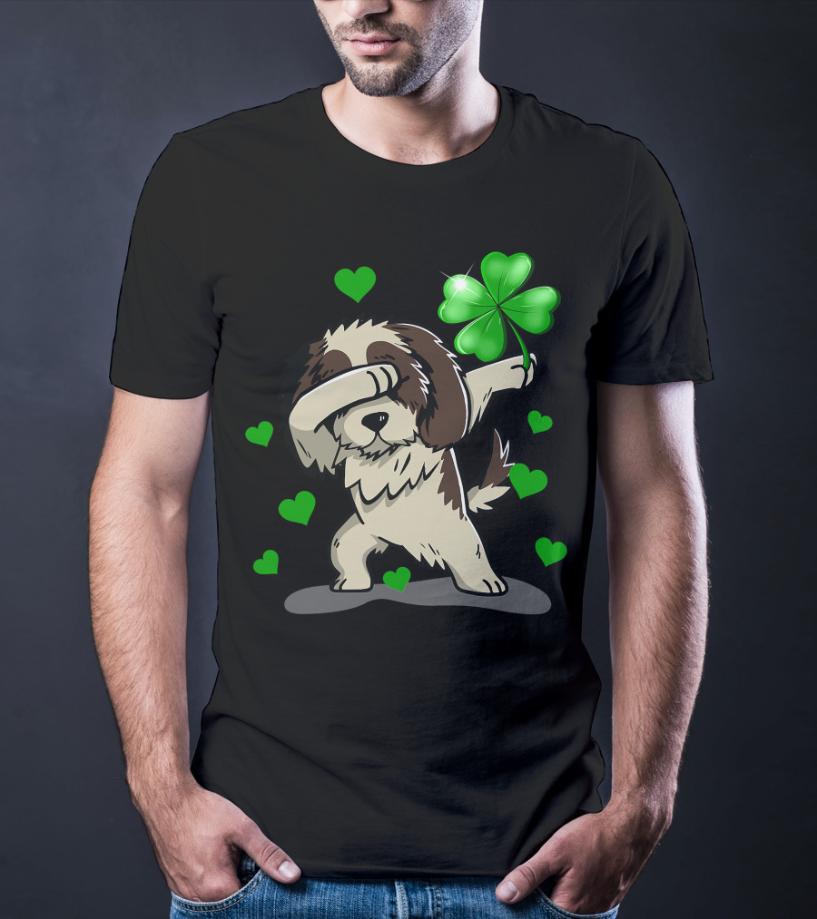 Shih Tzu Dabbing With Green Shamrock And Hearts T-Shirt
