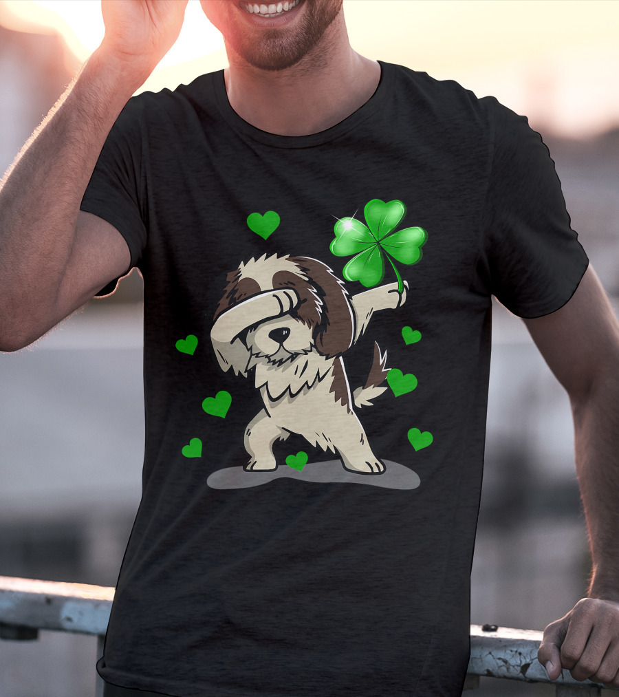 Shih Tzu Dabbing With Green Shamrock And Hearts T-Shirt
