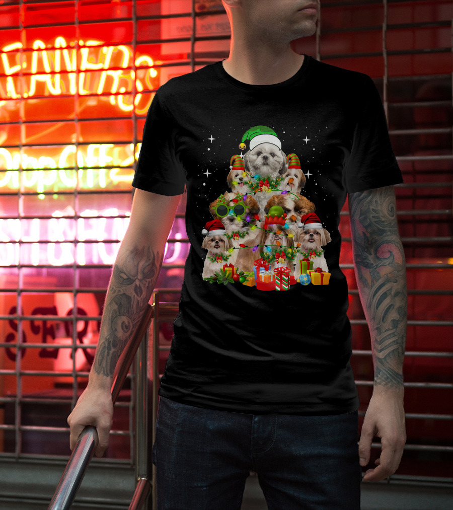 Shih Tzu Dog Christmas Tree With Presents And Santa Hats T-Shirt