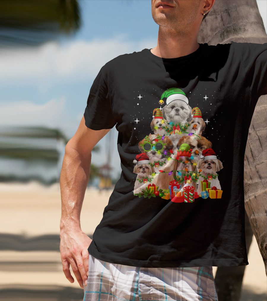Shih Tzu Dog Christmas Tree With Presents And Santa Hats T-Shirt