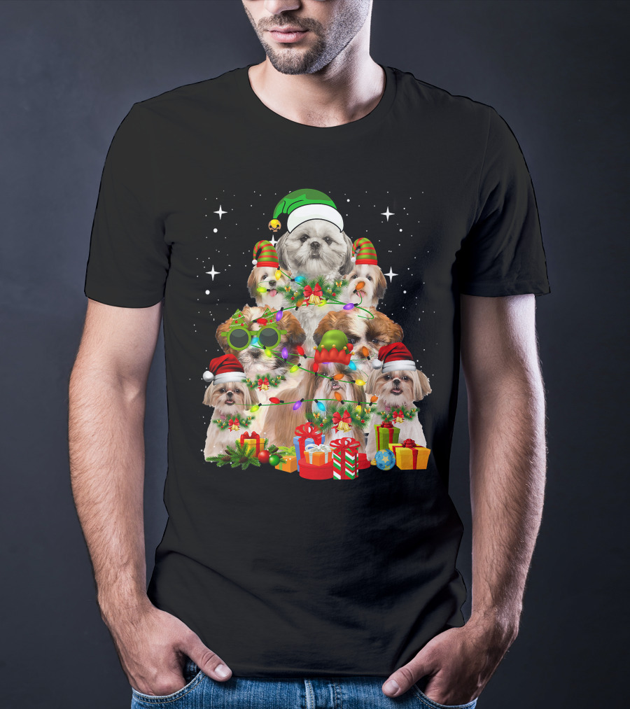 Shih Tzu Dog Christmas Tree With Presents And Santa Hats T-Shirt