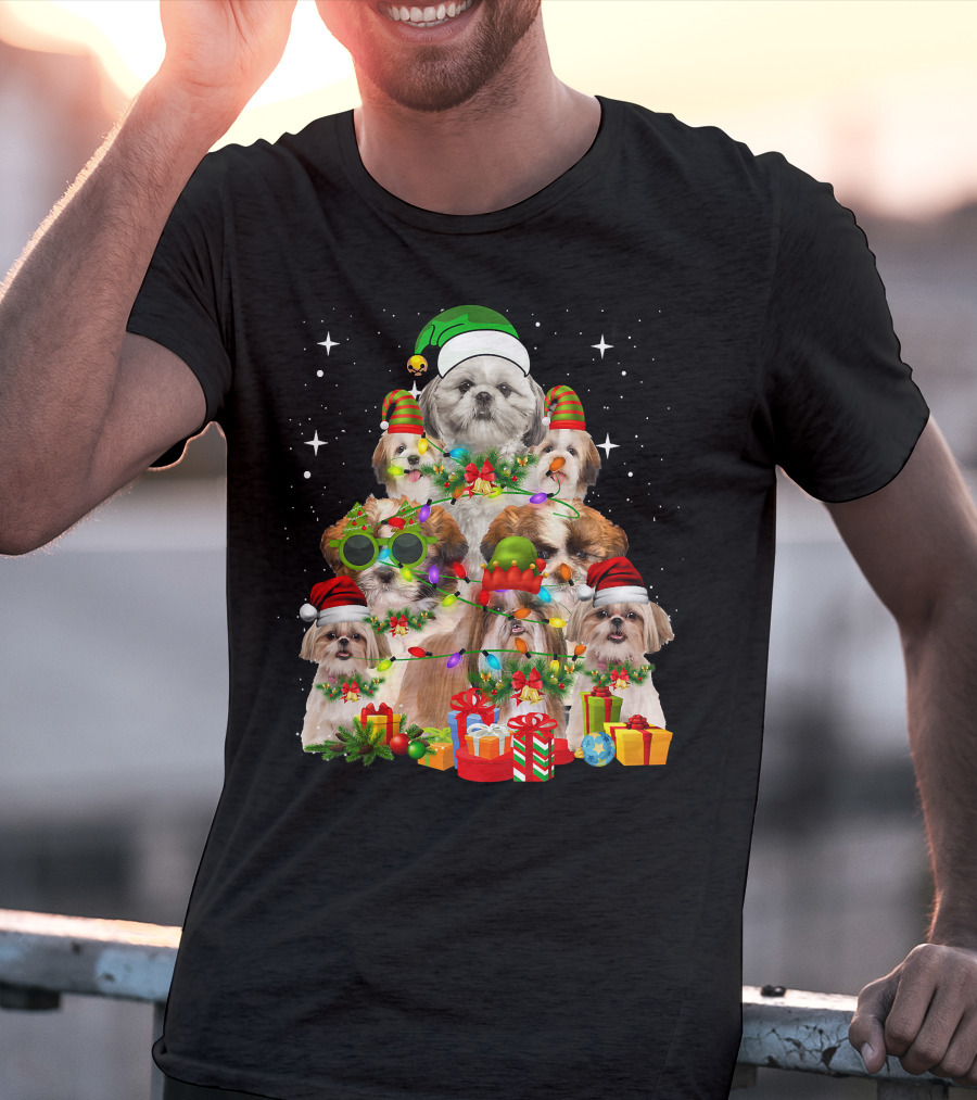 Shih Tzu Dog Christmas Tree With Presents And Santa Hats T-Shirt