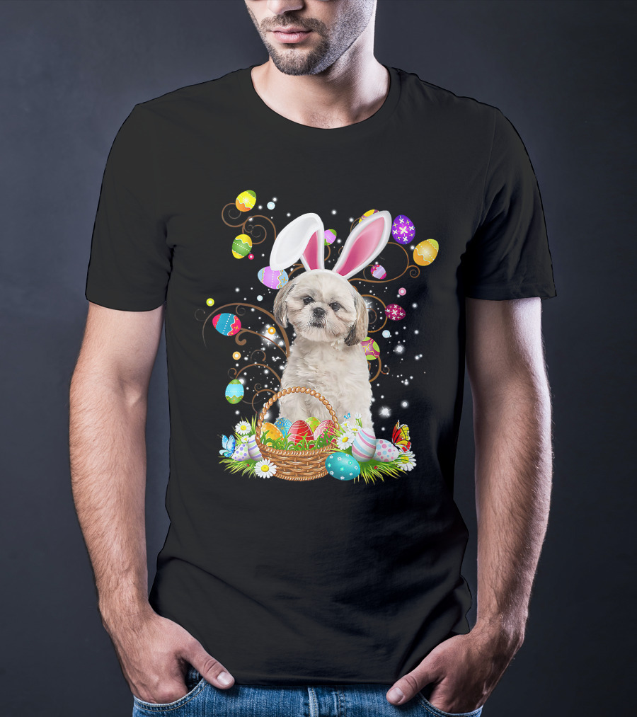 Shih Tzu Dog Bunny Ears With Colorful Easter Eggs Basket Fun Easter Day T-Shirt