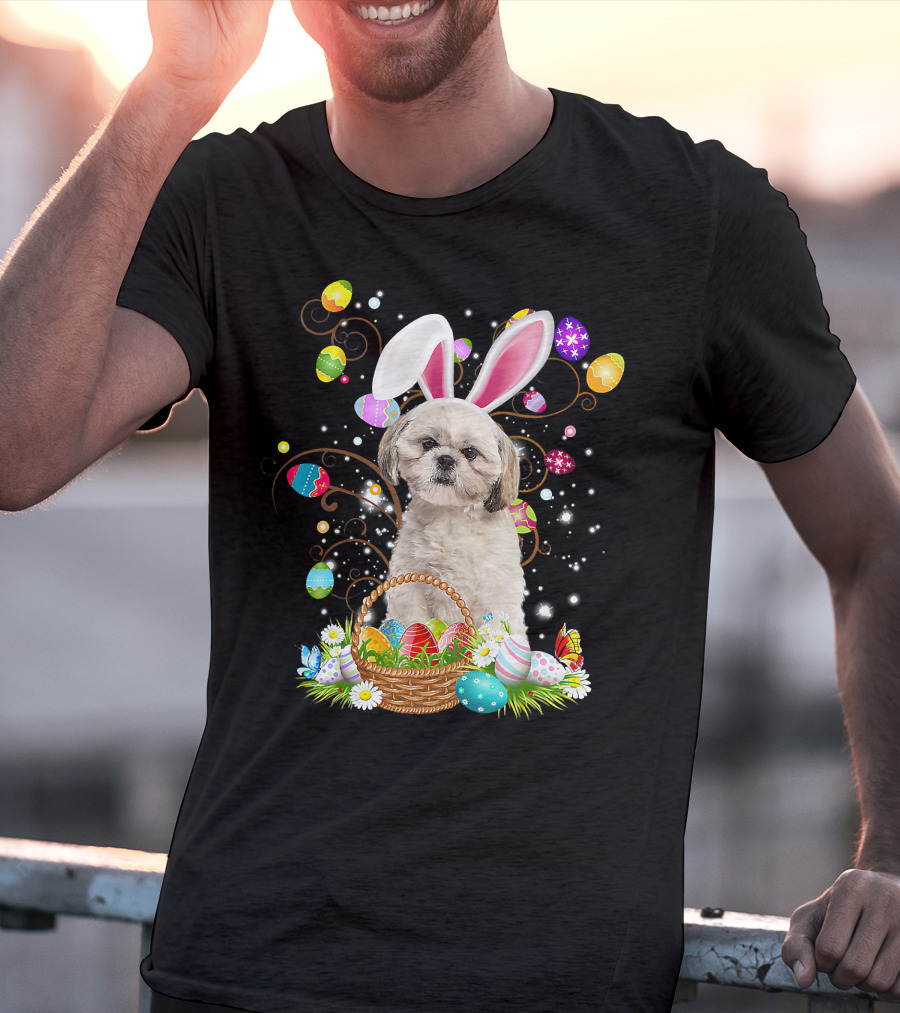 Shih Tzu Dog Bunny Ears With Colorful Easter Eggs Basket Fun Easter Day T-Shirt